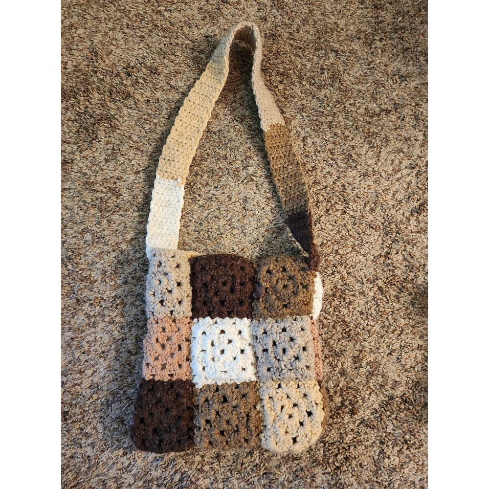Handmade Crochet Granny Square Bag Neutral Boho Small Shoulder Tote Brown Cream